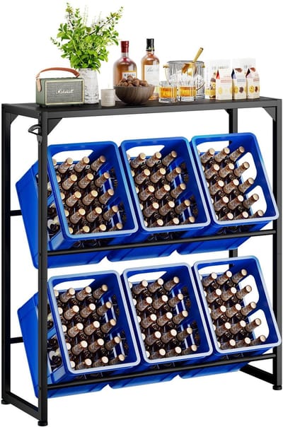 YD-YLJ003B Drankratjesrek, 6 kisten met plank, metaal, staande bakstandaard, waterbakrek, flessenrek, vrijstaand voor woonkamer, keuken, wijntrommel, 100 x 33 x 112 cm