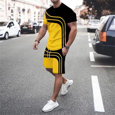 Heren 3D Print Letter Lijn Splicing Outdoor Vakantie Casual Straatkleding Ronde Hals Korte Mouw T-shirt Korte Broek Sport Set van 2 Delen 6XL black