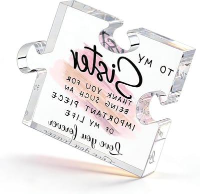 Acryl Plaquette in Puzzelvorm - Roze Cadeau voor Zus, 10x10cm, Verjaardagsherinnering, Persoonlijk Geschenk en Decoratie
