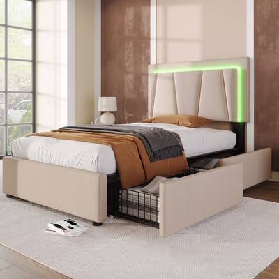 Sweiko Gestoffeerd bed met LED verlichting en 2-laden, 90x200cm, in hoogte verstelbaar hoofdeinde, eenpersoonsbed Opbergbedden Bed frame, Houten lattenbod, Beige (Zonder matras)