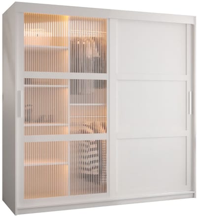 Zweefdeurkast Kledingkast met 2 schuifdeuren glanzen slaapkamerkast Kledingstang met planken Garderobekast met geribbeld glas - ARTON 3 (180 cm, Wit)