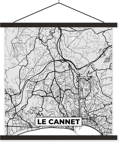 Posterhanger incl. Poster 60x60 cm - Schoolplaat - Frankrijk – Plattegrond – Kaart – Le Cannet – Stadskaart - Textielposter - Zwarte latten - Stadskaart