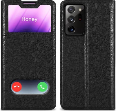 Cadorabo Hoesje geschikt voor Samsung Galaxy NOTE 20 ULTRA in KOMEET ZWART - Beschermhoes met magnetische sluiting, standfunctie en 2 kijkvensters Book Case Cover Etui
