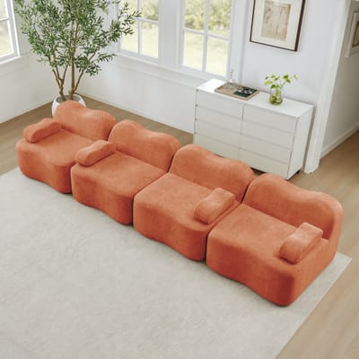 Modulaire 4-Zits Bank XXL - Frameloze Design Bank van Fluweel - Diepe Zit - Golvende Sofa met Verplaatsbare Armleuningen - Oranje