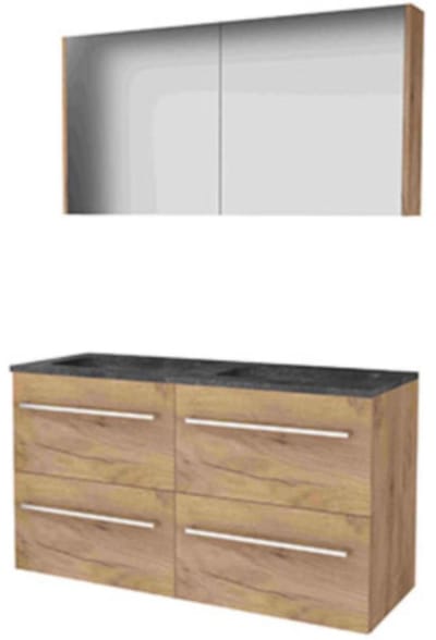 Basic-Line Comfort 46 Badkamermeubelset - 120 x 46 cm - Met Grepen - 4 Lades - Hardstenen Wastafel - Zonder Kraangat - Spiegelkast - Whisky Oak