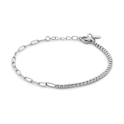 CO88 Collection - 8CB-91361 - grove schakelarmband vrouwen met witte zirconia stenen - 2 mm - 16.5+3 cm - zilverkleurig