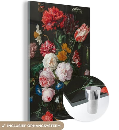 MuchoWow® Glasschilderij 120x180 cm - Schilderij acrylglas - Stilleven met bloemen in een glazen vaas - Schilderij van Jan Davidsz. de Heem - Foto op glas - Schilderijen