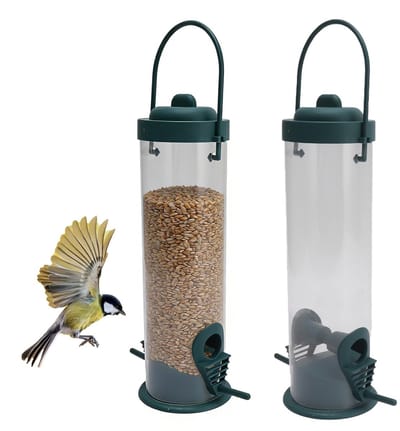 Allecto - Vogelvoederdispenser - Set van 2 - Weerbestendig - Buisvormig - Eenvoudig navulbaar - Voor buiten - Transparant