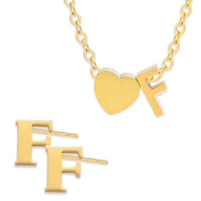 Initiaal Ketting & Oorbellen set met Letter F Goudkleurig - Stainless Steel - Met letter & Hartje! - 2x Sieraden Cadeau - Pax Amare