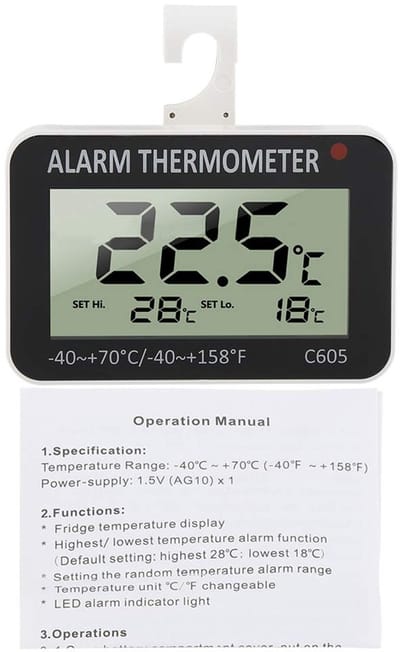 Dailygoods- Koelkastthermometer Nauwkeurig - Digitale Koelkastthermometer - LCD Scherm - Alarmfunctie - Haak Ontwerp - Temperatuurmeetbereik -40°C/+70°C - Diepvriesthermometer