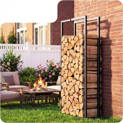 Aura® Houtrek – Houtopslag – Verstelbaar in 9 Maten - Brandhoutrek - Haardhout - Opslag – Rek Voor Binnen - en Buiten – Brandhout – Metaal - Zwart - ‎65 x 25 x 150 cm; 8.18 kg