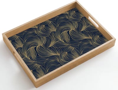 Dienblad hout 50x35 cm - Schootdienblad - Abstract - Lijnen - Blauw - Goud - Borrelplank rechthoek - Plateau dienbladen