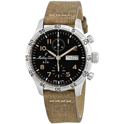 Mathey-Tissot Type 21 Chronograaf Echt Leer Zwarte Wijzerplaat Automatisch H1821CHATLNO Herenhorloge zwart