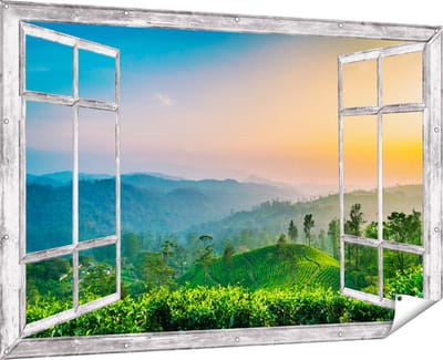 Gards Tuinposter Doorkijk Zonsondergang op een Thee Plantage - 180x120 cm - Tuindoek - Tuindecoratie - Wanddecoratie buiten - Tuinschilderij