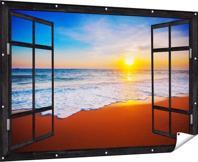 Gards Tuinposter Doorkijk Strand en Zee tijdens Zonsondergang - 180x120 cm - Tuindoek - Tuindecoratie - Wanddecoratie buiten - Tuinschilderij