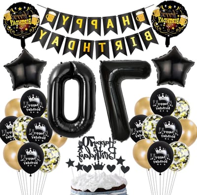 Zwarte ballonnen figuur 70, feestdecoratie voor 70e verjaardag, ballonnen en slingers voor mannen en vrouwen, verjaardagsversiering 70 jaar