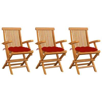 vidaXL - Klapstoelen - met - rode - kussens, - 3 - stuks, - massief - teakhout