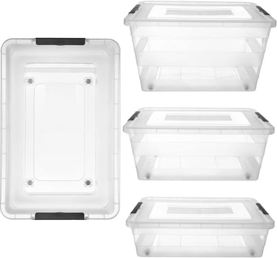 KADAX Opbergdoos met deksel, speelgoedkist, robuuste plastic container van kunststof, opbergbox met kliksluiting, opbergdozen (transparant, set van 3)