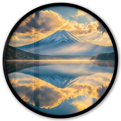 Poster in lijst Rond - Fotolijst 40x40 cm - Posters - Berg - Rivier - Zonsondergang - Ronde posterlijst zwart - Decoratie - Wanddecoratie woonkamer - Muurdecoratie slaapkamer