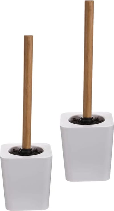 5five Toiletborstel met houder - 2x - wit - kunststof en bamboe - 38 cm - wc borstel