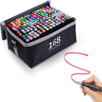 Premium Twinmarkers Markeerstiften – 168-delige Alcohol Markers Stiften met Drie Tips in Eén Marker en Inclusieve Opbergtas