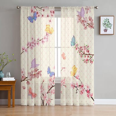 Vlinder Kersenbloesem Pruim Raam Gordijnen Transparant Chiffon Tule Gordijn Huis Woonkamer Achtergrond Decoratie 135W x 114H(cm) white