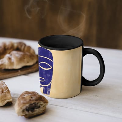 Magische Mok - Foto op Warmte Mokken - Koffiemok - Okergeel - Blauw - Eenvoudige lijnen - Magic Mok - Beker - 350 ML - Theemok
