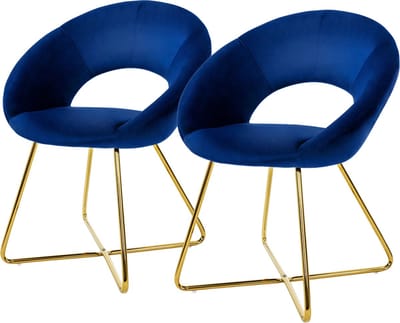 Eetkamerstoel set van 2 met ronde open rugleuning blauw fluweel met gouden metalen poten ML design
