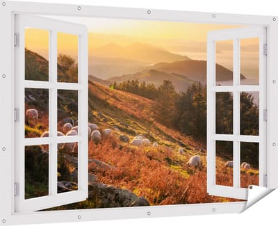 Gards Tuinposter Doorkijk Schapen in de Bergen - 180x120 cm - Tuindoek - Tuindecoratie - Wanddecoratie buiten - Tuinschilderij