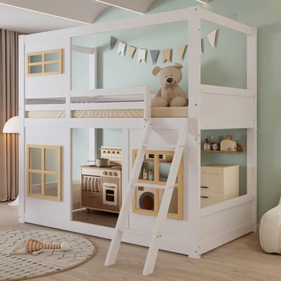 Pugsdrly Stapelbed, kinderbed, met mooie ramen, stabiele trap, met vierzijdige omheining, dennenhout + MDF + multiplex, wit + naturel, 90x200cm