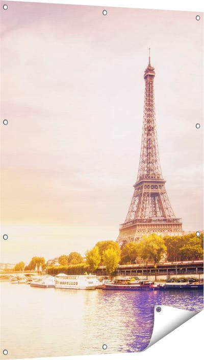 Gards Tuinposter Eiffeltoren in Parijs aan het Water - 80x120 cm - Tuindoek - Tuindecoratie - Wanddecoratie buiten - Tuinschilderij