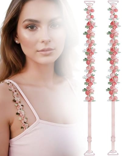 Behabandjes - 37,5 cm - Vervangende bh-bandjes voor dames - BH-bandjes met Geborduurde Bloemen - Elastische bh-schouderbandjes - Kant gebloemde behabandjes - Antislip - Verstelbare - BH accessoires - Voor vrouwen en meisjes - Haak 1,45 cm - Roze