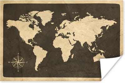 Poster 30x20 cm - Wereldkaart - Kompasroos - Vintage - Posters - Kamer decoratie - Wanddecoratie woonkamer - Muurdecoratie slaapkamer