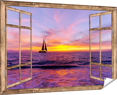 Gards Tuinposter Doorkijk Zeilboot Silhouet bij Zonsondergang - 180x120 cm - Tuindoek - Tuindecoratie - Wanddecoratie buiten - Tuinschilderij