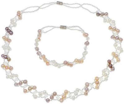 Zoetwaterparel set Felicia - wit zalm roze - parelketting + parel armband - echte parels - magneetslot - wit - zalm - roze - sieraden zakje