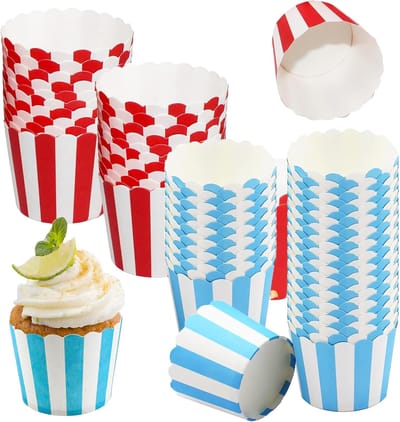 Muffin Papier Mallen - Rode en Blauwe Cupcake Mallen - 100 Stuk - Gestreepte Papieren Cupcakes - Taart Papier Bekers - Geschikt voor Feest - Festival - Bruiloft - Confectie