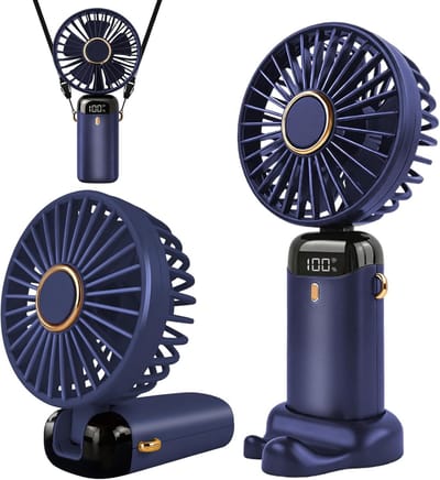 YAGXIG Draagbare Handventilator - 5 Windsnelheden - USB Oplaadbaar - Werkt op batterijen - Opvouwbare Bureauventilator - Met LED-display - Geschikt voor Thuis, Kantoor, Slaapkamer en Reizen (Blauw)