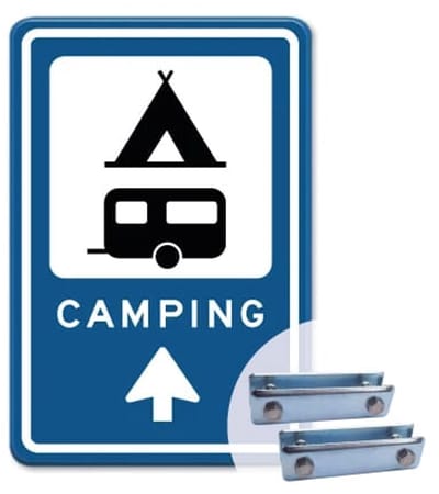 Bord Camping pijl rechtdoor - Weerbestendig Aluminium - 40x60 cm - Bevestiging: Met hekbeugels (voor spijlen- of gaashek)