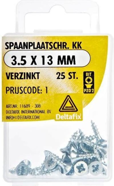 Houtschroeven. 3.5 x 13mm. lang. 25 stuks Spaanplaatschroef Platkop kruiskop Verzinkt.
