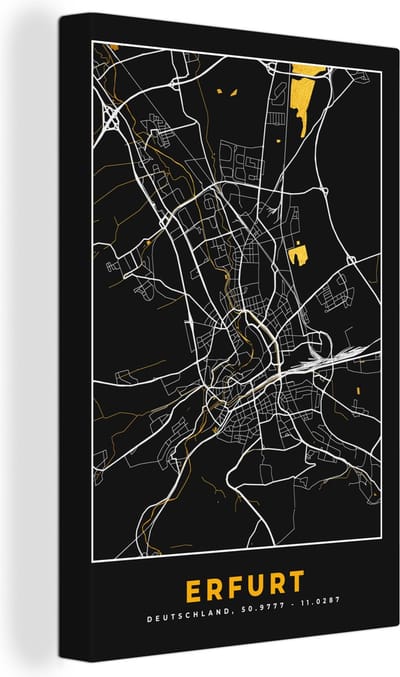 Canvas Schilderij Black and Gold – Stadskaart – Erfurt – Duitsland – Plattegrond – Kaart - 20x30 cm - Wanddecoratie