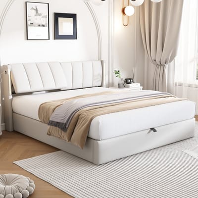 STILVORA Gestoffeerd Bed 140x190 cm – Tweepersoonsbed met USB-poort & Verstelbaar Hoofdeinde – LED-licht + Opbergruimte Onder Bed – PU-Kunstleer – Wit – Zonder Matras