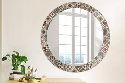 Wallfluent Bedrukte Ronde Spiegel - Ronde Wandspiegel Decoratieve Print Turks Patroon - 80 cm / 66 cm - Veelkleurig - Veelkleurig Ronde Spiegel Met Bedrukte Lijst - Slaapkamerspiegel - Badkamerspiegel - Gang - Kleedkamer - Wandmontage