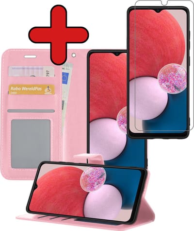 Hoesje - Met Screenprotector - Geschikt voor Samsung Galaxy A13 5G - Luxe Pasjeshouder - Flipcase - Bookcase Portemonee - Flip Case - Kunstleer Book Case - Book Cover - Walletcase - Portemonneehoes - Telefoonhoes - Lichtroze