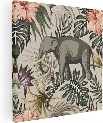 Artaza Canvas Schilderij Olifant Botanisch - 30x30 cm - Klein - Muurdecoratie Dieren - Wanddecoratie Jungle - Kamer Accessoires