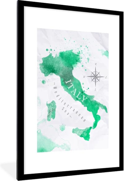 Poster in lijst - Fotolijst 80x120 cm - Posters - Wereldkaart - Waterverf - Groen - Posterlijst zwart - Decoratie - Wanddecoratie woonkamer - Muurdecoratie slaapkamer