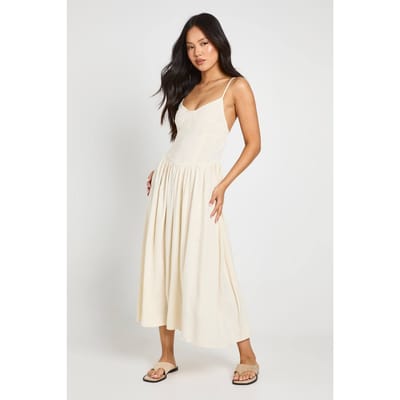 boohoo Dames Petite Premium Linnen Korset Detail Midi Skater Jurk | Natural | Maat: 36