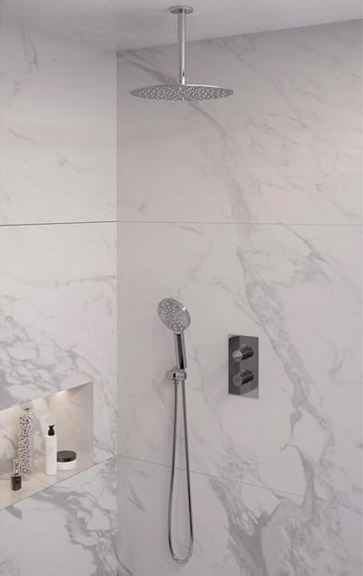 Brauer Chrome Edition thermostatische inbouw regendouche 3-weg omstelling SET 36 met 30 cm douchekop en plafondarm en 3-standen handdouche en doucheslang en wandaansluitbocht chroom
