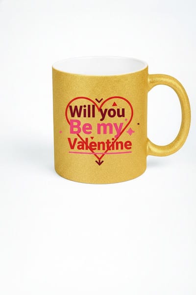 Gouden Glitter Valentijn Mok met Hart - 'Will you be my Valentine' Cadeau Beker | Romantisch & Sprankelend