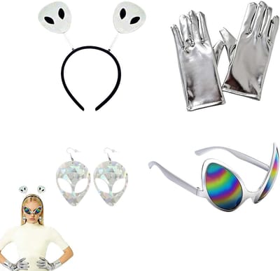 Zilveren Holografisch Kostuum Set met Hoofdband, Zonnebril, Oorbellen en Handschoenen - Ideaal voor Rollenspellen, Feestjes en Festivals - Geschikt voor Alle Leeftijdsgroepen