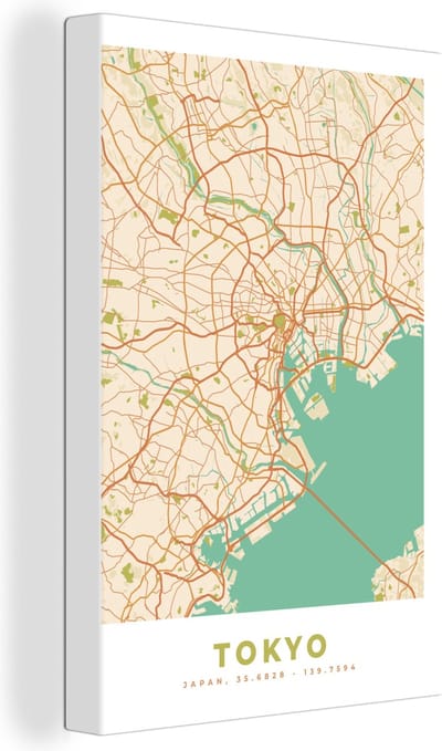 Canvas Schilderij Tokyo - Stadskaart - Vintage - Plattegrond - Kaart - 20x30 cm - Wanddecoratie